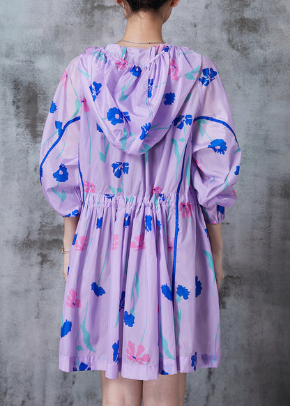 Purple Cinched Print Spandex Hoodie Trench Fall