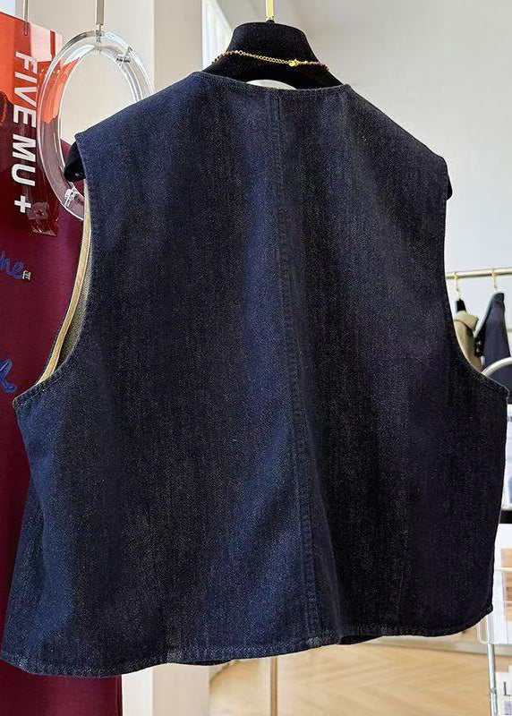 Navy Oversized Pockets Denim Vests Fall