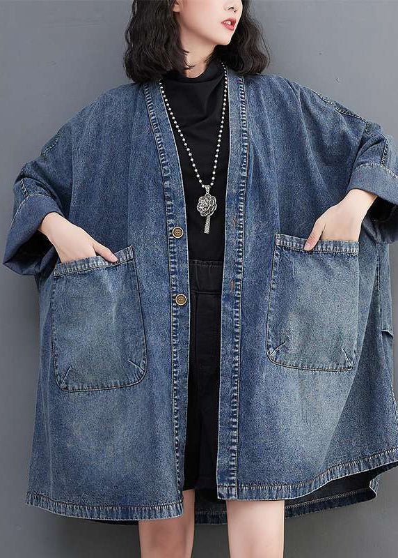 Blue V Neck Pockets Denim Coats Fall