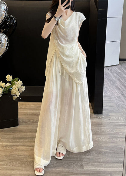 Loose Apricot V Neck Button Top and Wide Leg Pants Two Pieces Set Short Sleeve