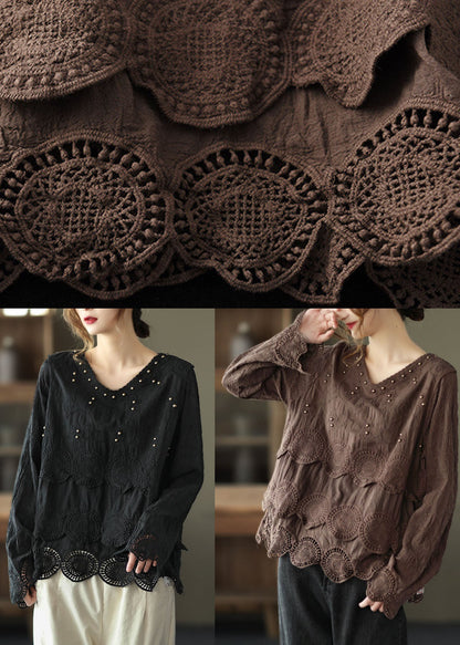 Chocolate Embroidered Hollow Out Fall Long Sleeve Shirt Tops