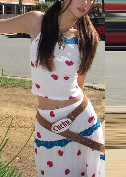 White Print Vest and Maxi Skirts Two Pieces Set Summer
