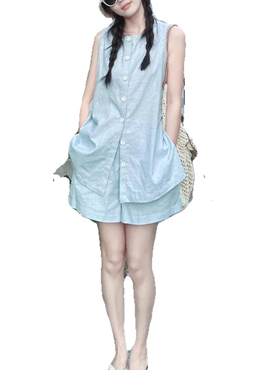 French Blue Tops and Shorts Linen Two Piece Set Summer