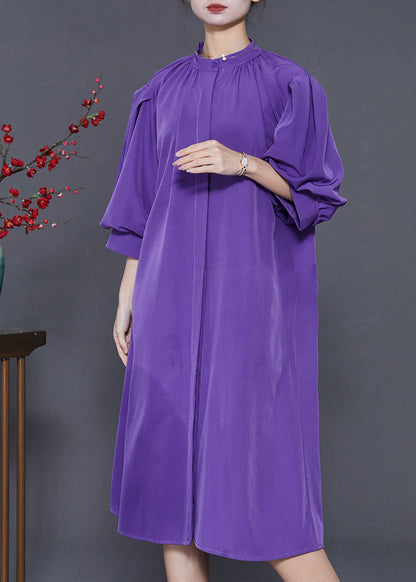 Purple Stand Collar Puff Sleeve Cotton Sundress
