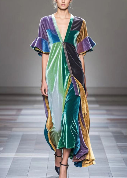Colorblock V Neck Patchwork Silk Velvet Holiday Dress Flare Sleeve