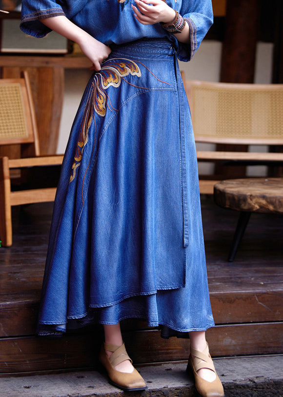 Classy Blue Print High Waist Silk Cotton a Line Denim Skirts Summer