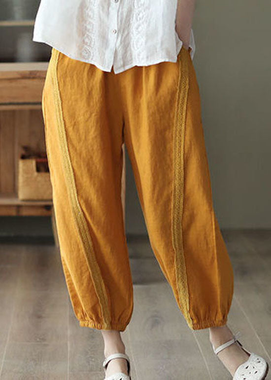 Yellow Pockets Patchwork Linen Harem Pants Summer