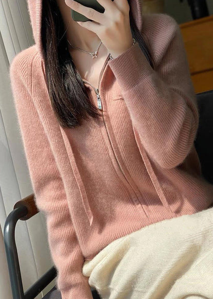 Pink Hooded Zip Up Wool Knit Coat Fall