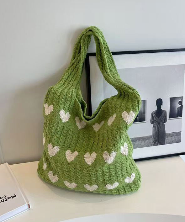 Minimally Khaki Hollowed Out Heart Knitted Shoulder Bag