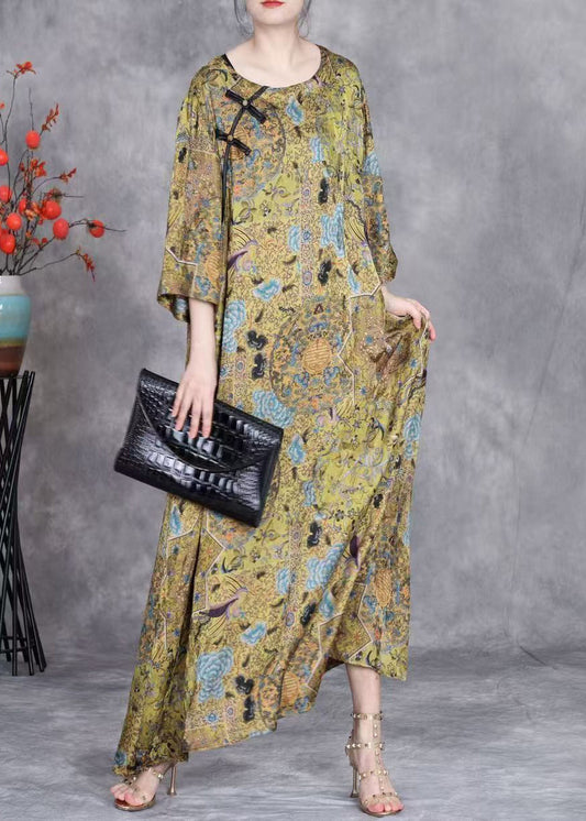 Yellow O Neck Button Print Silk Long Dresses Bracelet Sleeve