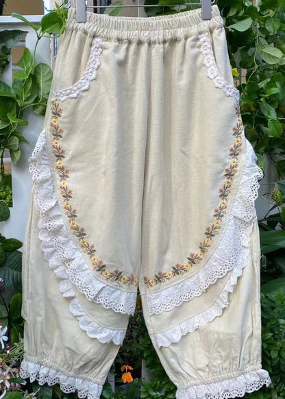 Stylish Khaki Embroidered Ruffled Pockets Corduroy Harem Pants