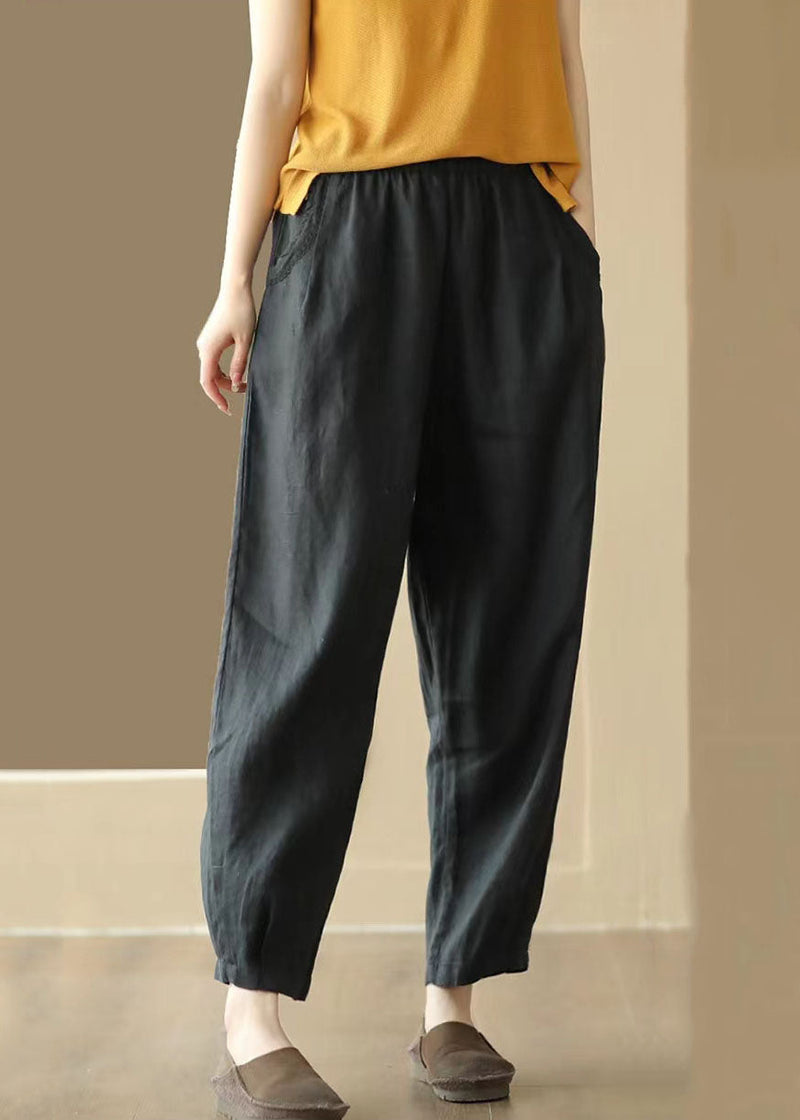 Black Pockets Wrinkled Patchwork Linen Pants Summer
