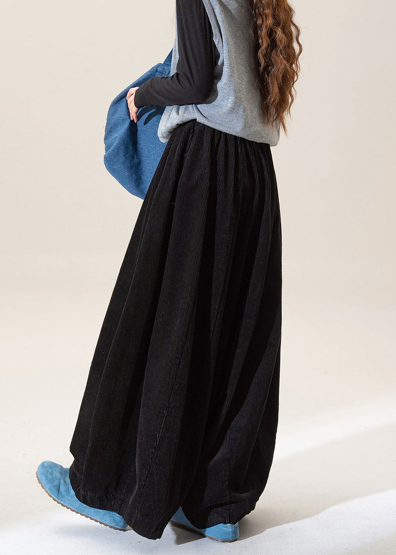 Black Elastic Waist Corduroy Wide Leg Pants Fall