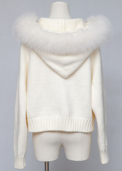 White Hooded Zippered Cozy Patchwork Knit Coat