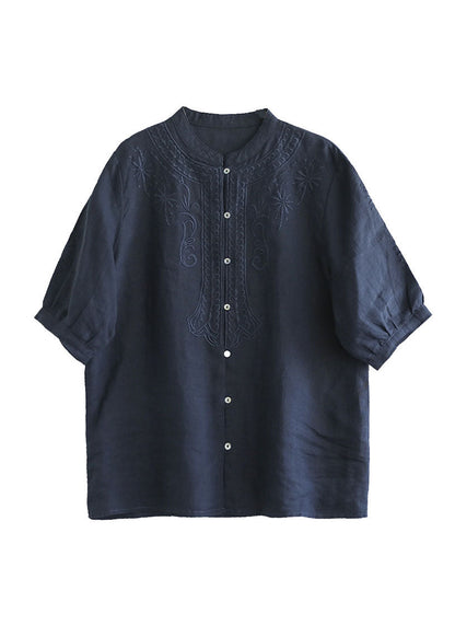 Navy Cotton Shirts Stand Collar Embroidered Half Sleeve