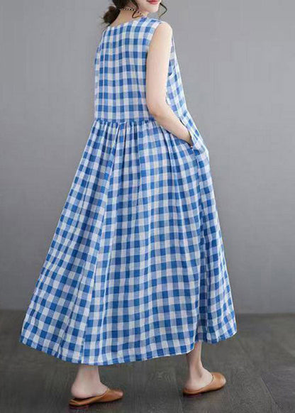 Blue Plaid Patchwork Maxi Dresses Sleeveless