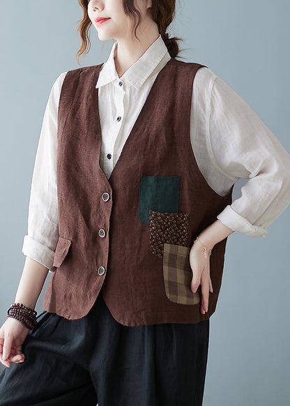 Coffee V Neck Pockets Button Cotton Vest Tops Sleeveless