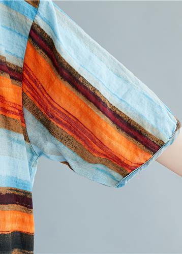 Simple Striped Linen Cotton Clothes Work Drawstring Summer Shirt