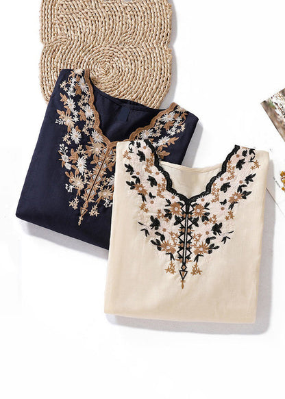 Apricot V Neck Embroidered Linen T Shirt Summer