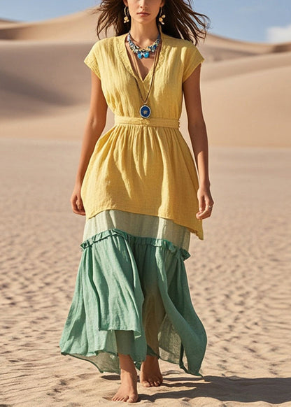 Yellow V Neck Patchwork Cotton Vacation Dresses Summer