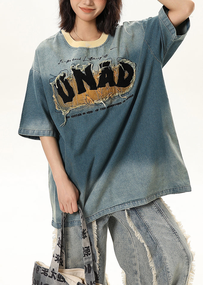Blue Embroideried Patchwork Denim Tank Tops Half Sleeve