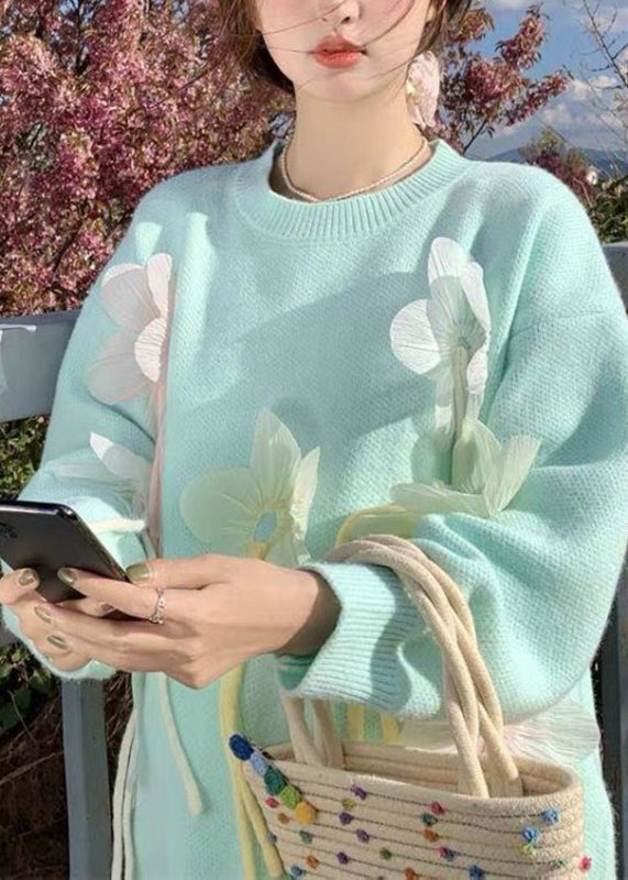 Blue O-neck Thick Cotton Knit Sweater Fall