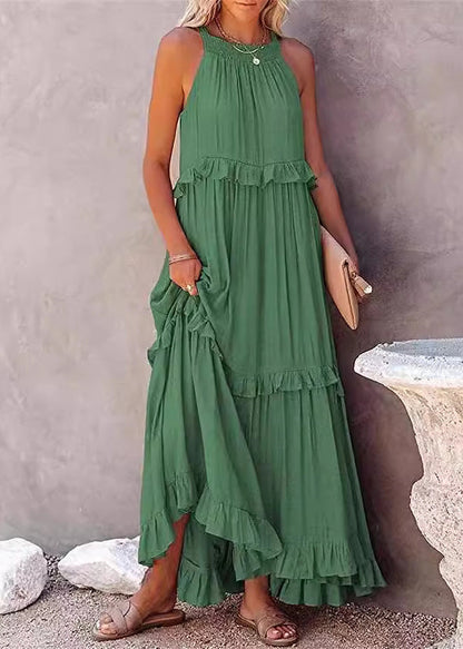 Navy Ruffled Patchwork Cotton Long Dresses Sleeveless