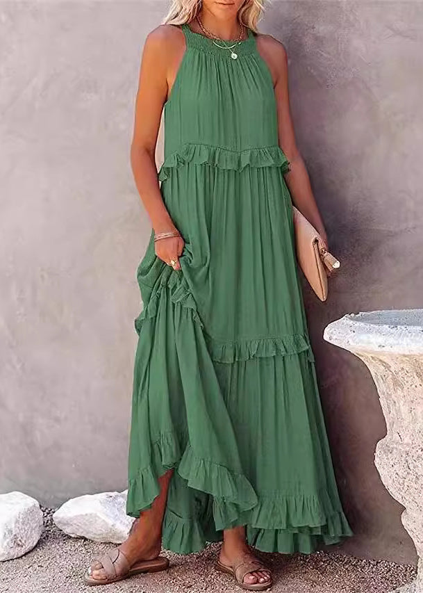 Navy Ruffled Patchwork Cotton Long Dresses Sleeveless