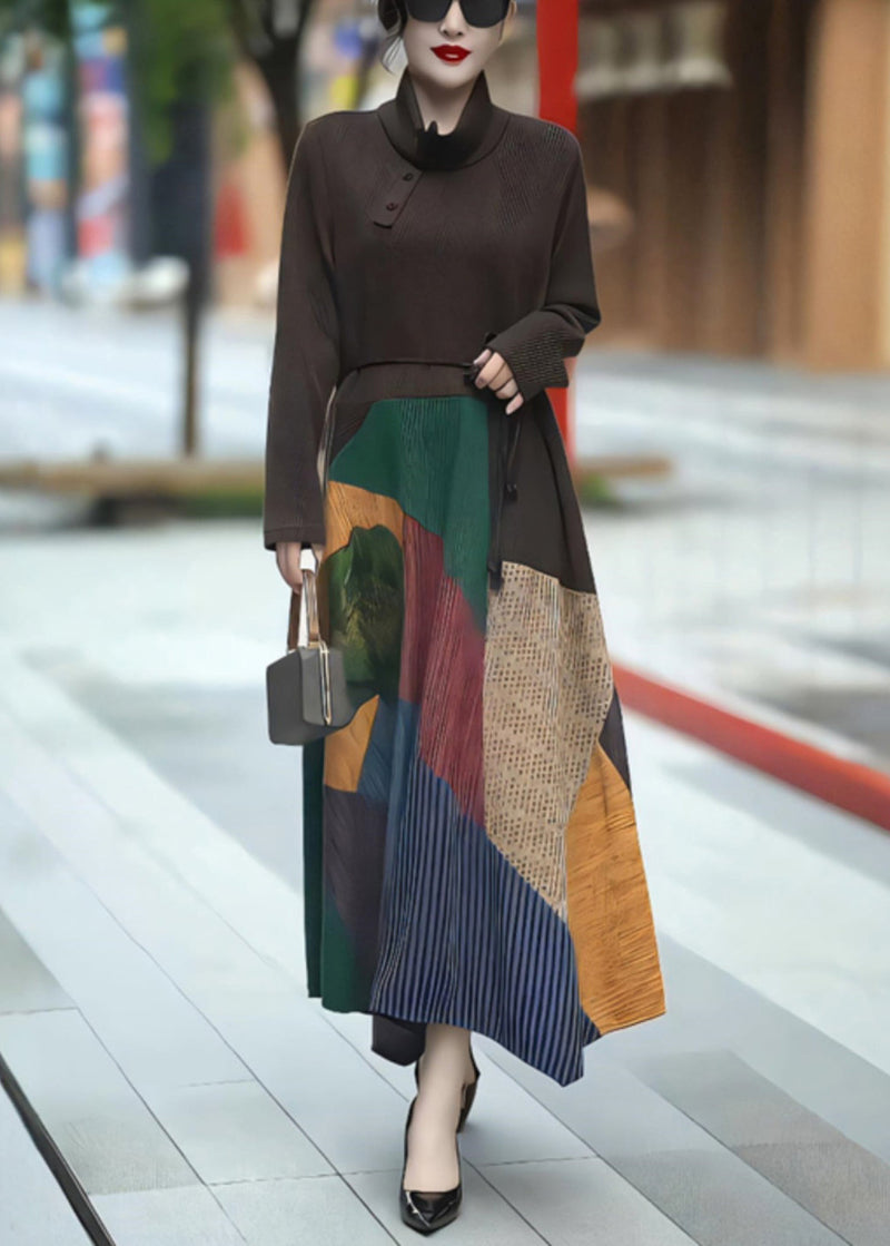 Coffee Turtleneck Tie Waist Patchwork Long Dress Winter
