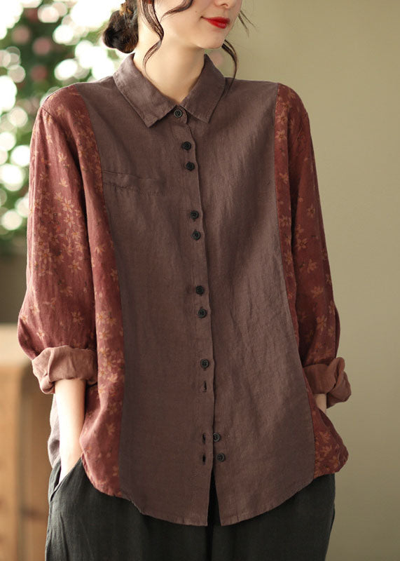 Red Peter Pan Collar Button Print Patchwork Linen Shirt Tops Long Sleeve