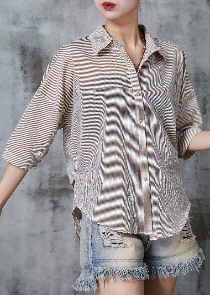 Khaki Striped Wrinkled Cotton Shirt Tops Summer