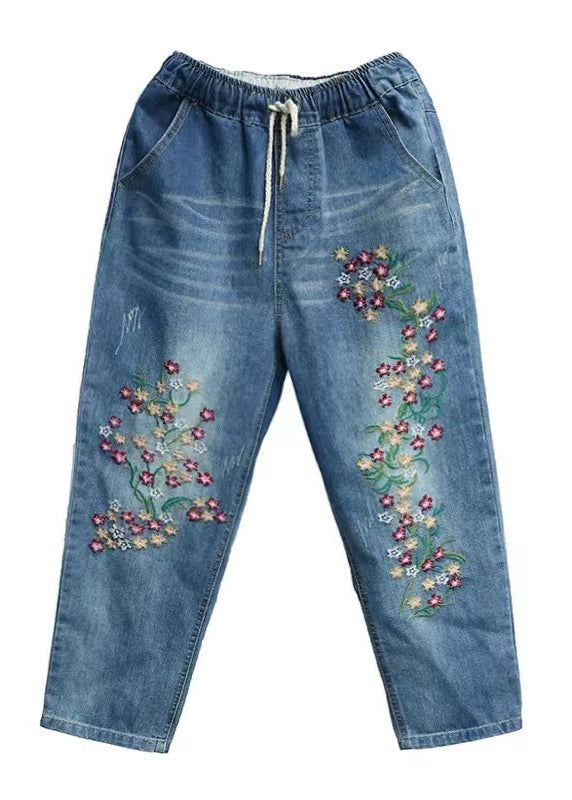 Blue Embroidered Denim Crop Pants Summer
