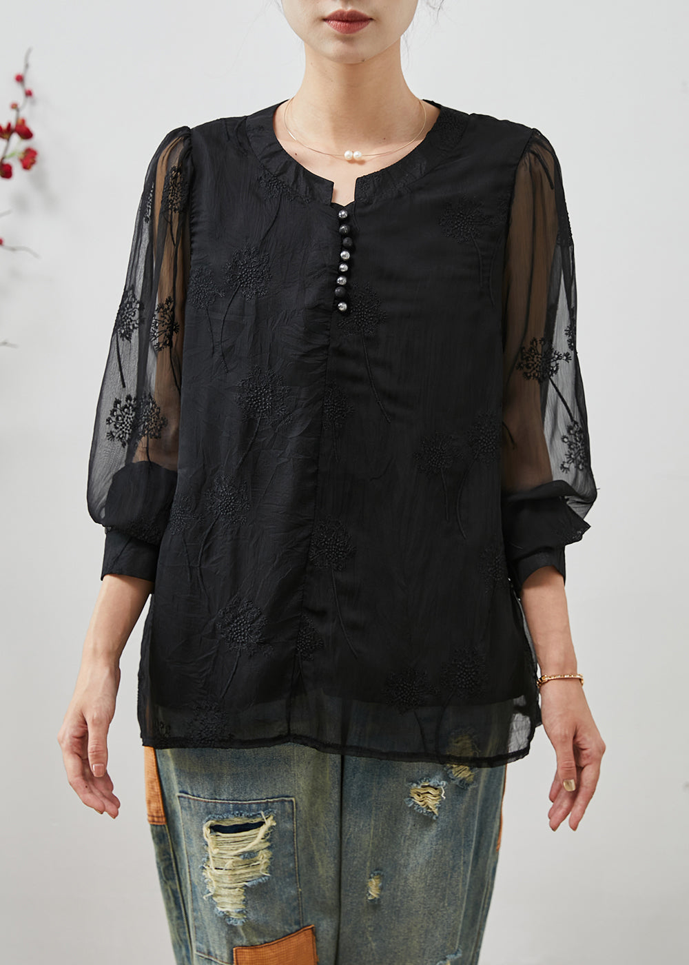 Black Embroidered Linen Silk Shirt Top Summer