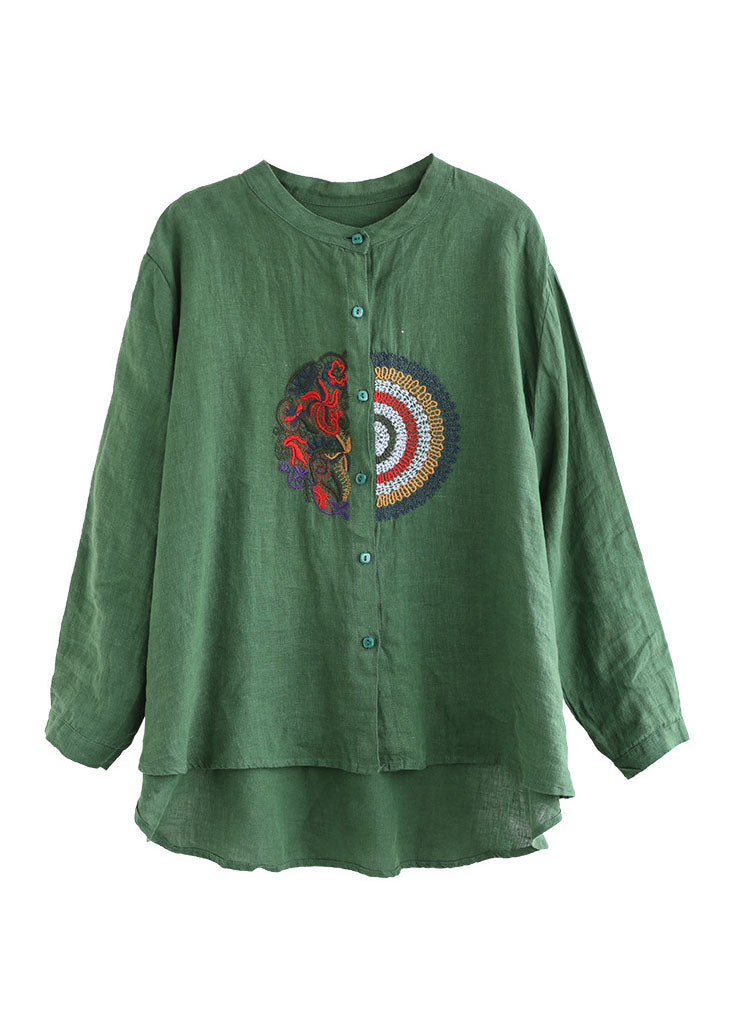 Green Embroidered Linen Shirt Top Long Sleeve