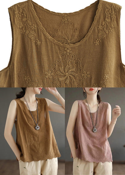 Skin Pink Embroidered Cotton Vest Sleeveless
