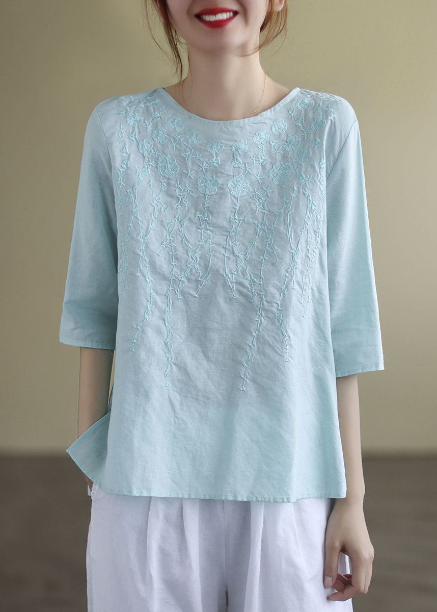 French Navy O-neck Embroidered Cotton Blouses Half Sleeve