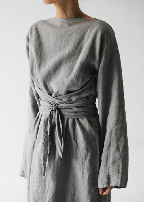 New Grey Tie Waist Cotton Long Dress Long Sleeve