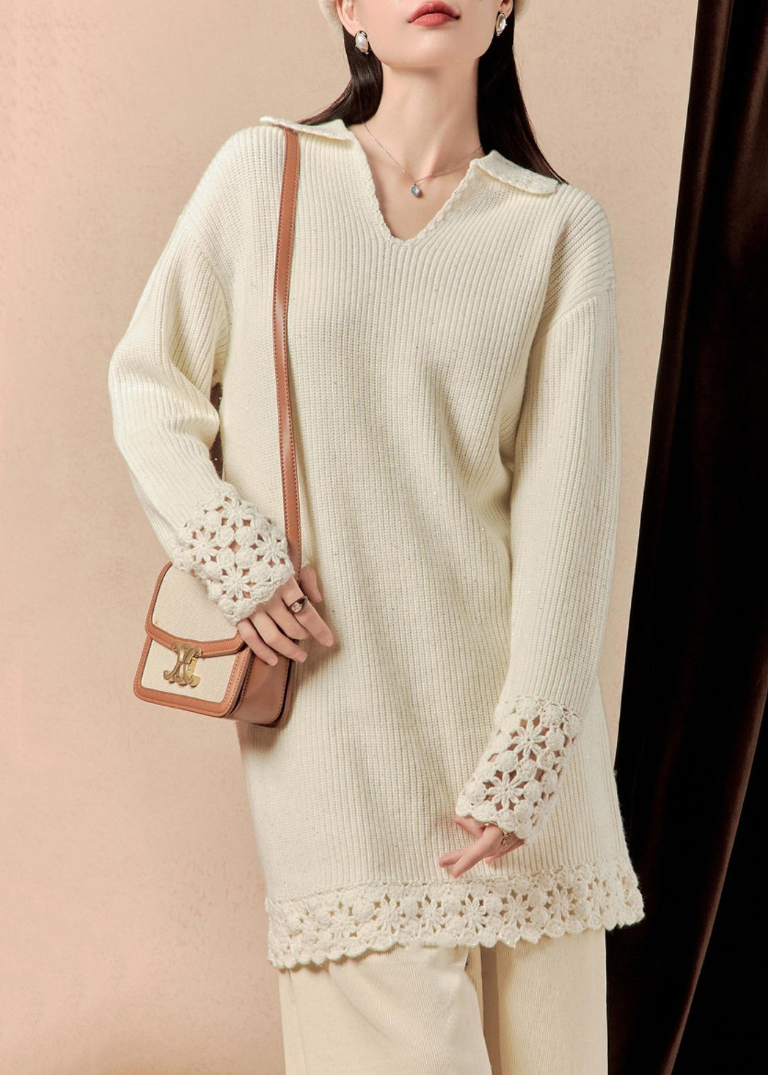 Beige Peter Pan Collar Hollow Out Knit Mid Dress Spring