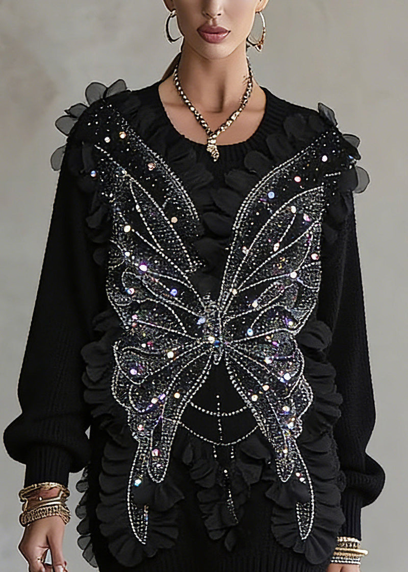 Black O-neck Sequins Top Lantern Sleeve