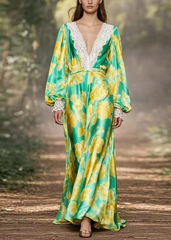 Green V Neck Print Lace Patchwork Silk Dress Spring