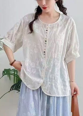White Oversized Jacquard Cotton Top Summer