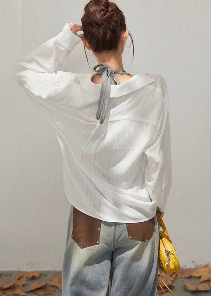 White Deep V-neck Ruffled Cotton Shirt Fall