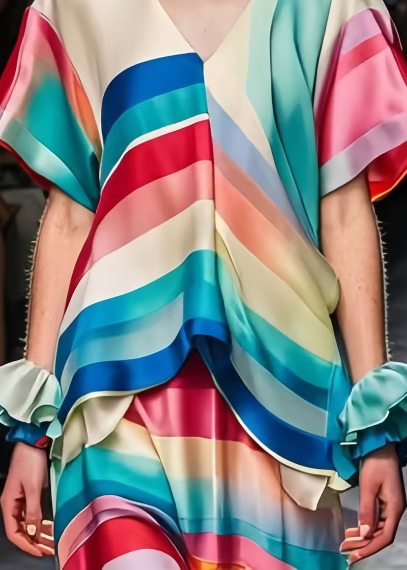 Rainbow V Neck Silm Fit Silk Long Dress Summer