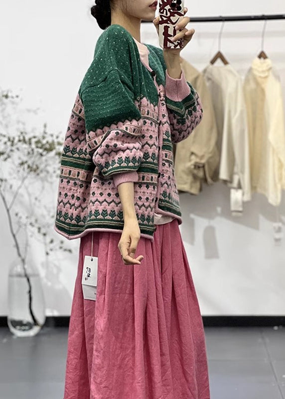 Green O Neck Embroideried Button Knit Cardigans Fall