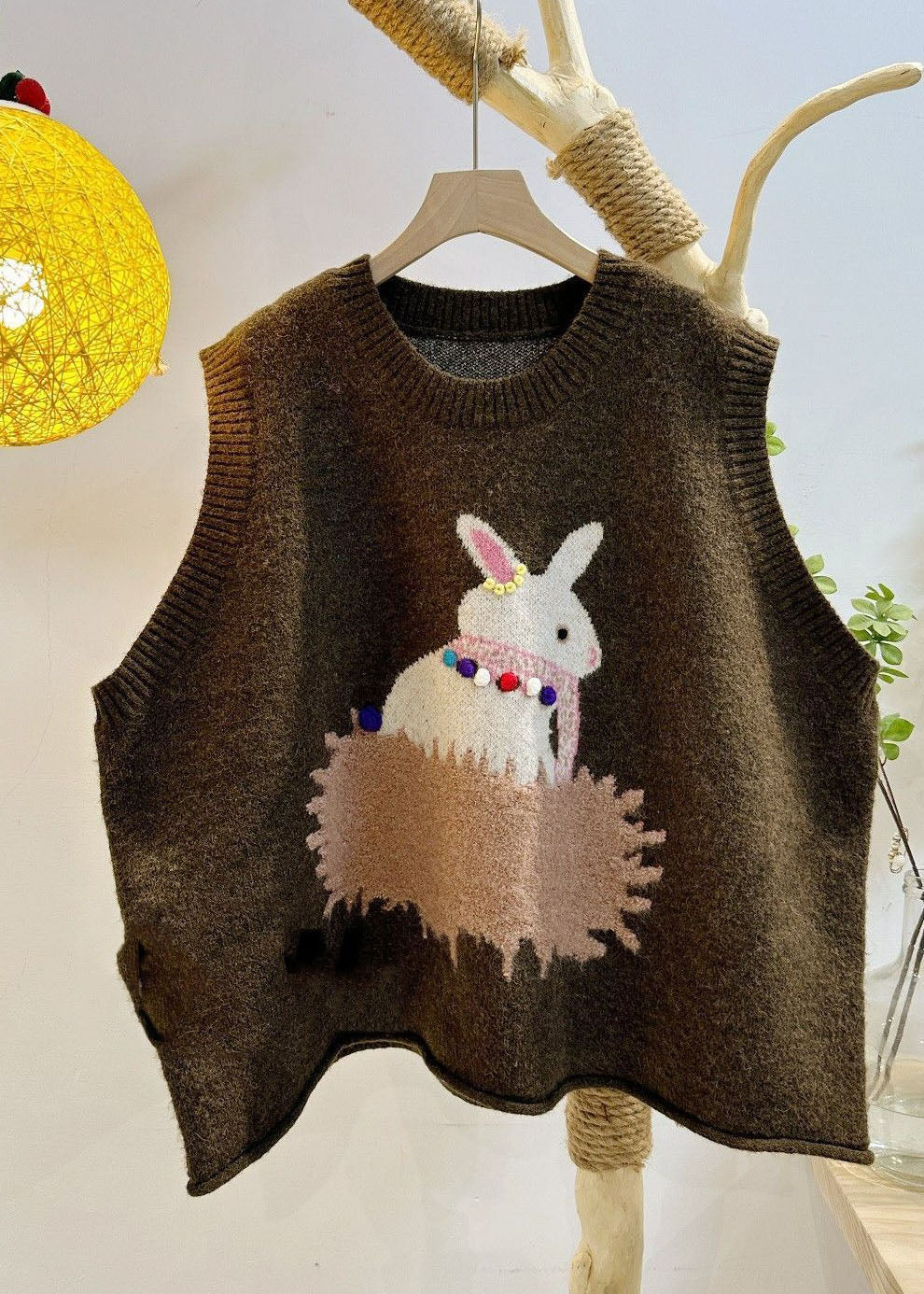 Diy Green O-neck Print Cotton Knit Waistcoat Fall