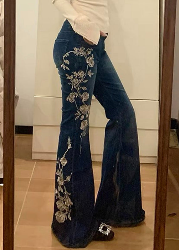 Blue Embroidered Pockets Denim Flared Trousers Spring