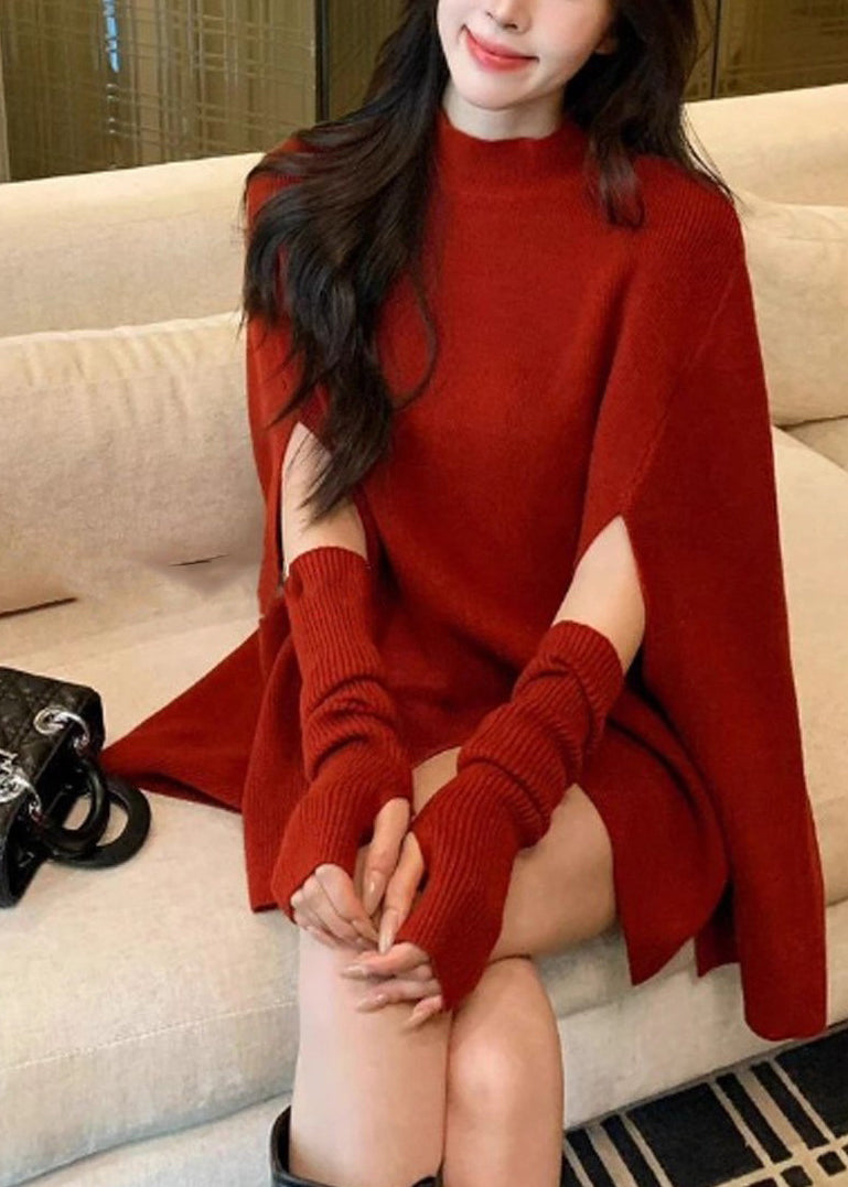 Red Stand Collar Oversized Knit Sweaters Batwing Sleeve