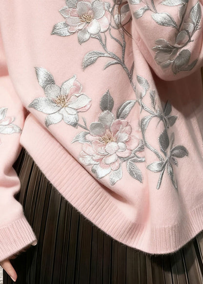 French Pink Embroidered Knit Cozy Sweaters Winter
