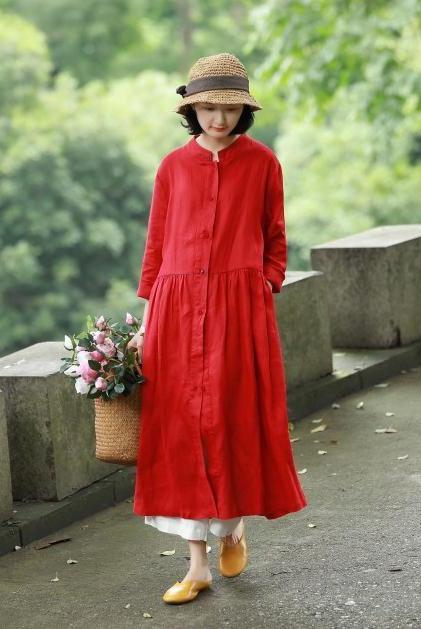 Loose Blue and Red Button Down Linen Maxi Dresses for