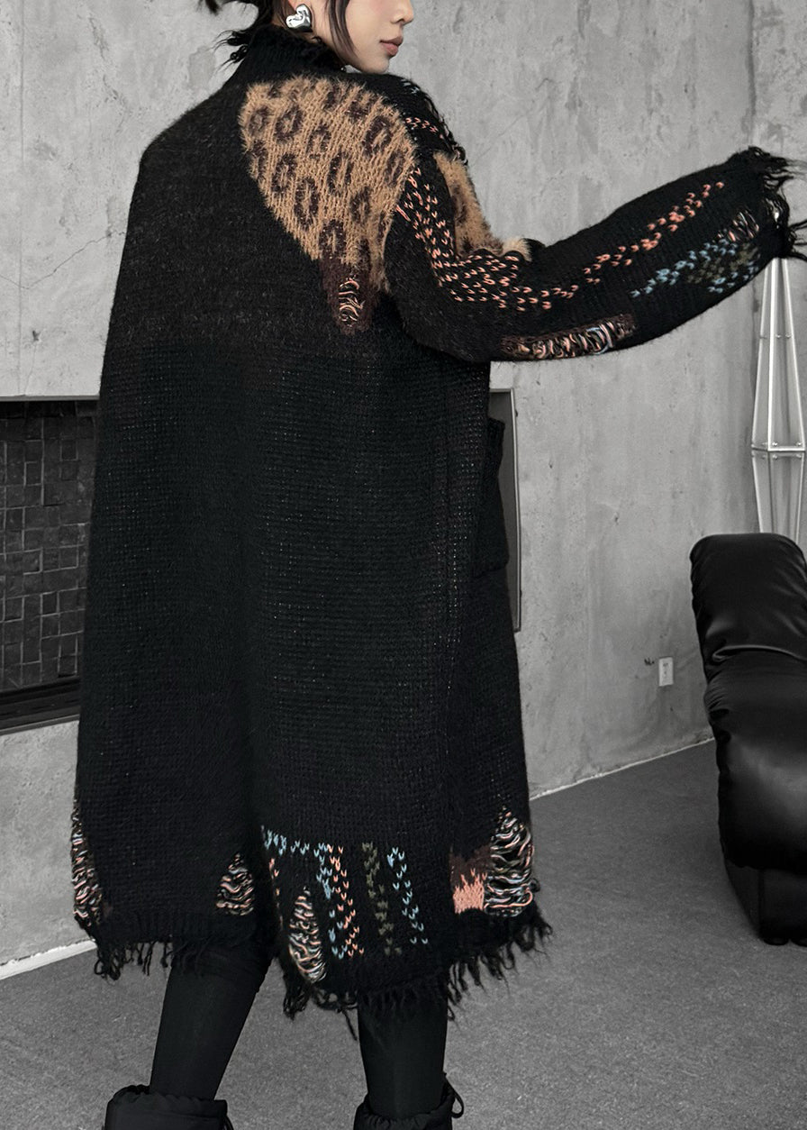 Black Print Patchwork Cotton Knit Cardigan Fall